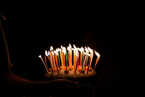 birthday cake with candles lit